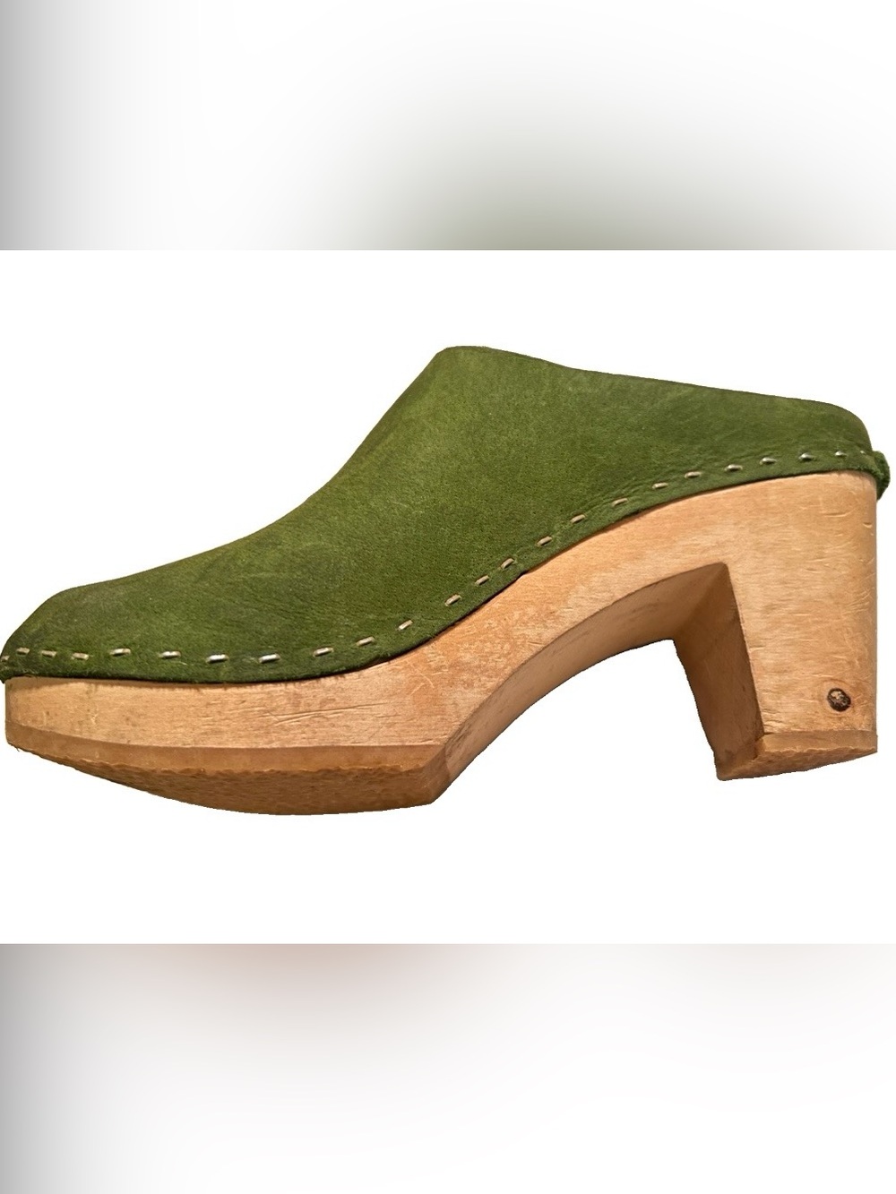 BRYR Green Suede Wooden Clogs Size 36 Handmade Leather Slip On Mules - Picture 6 of 11